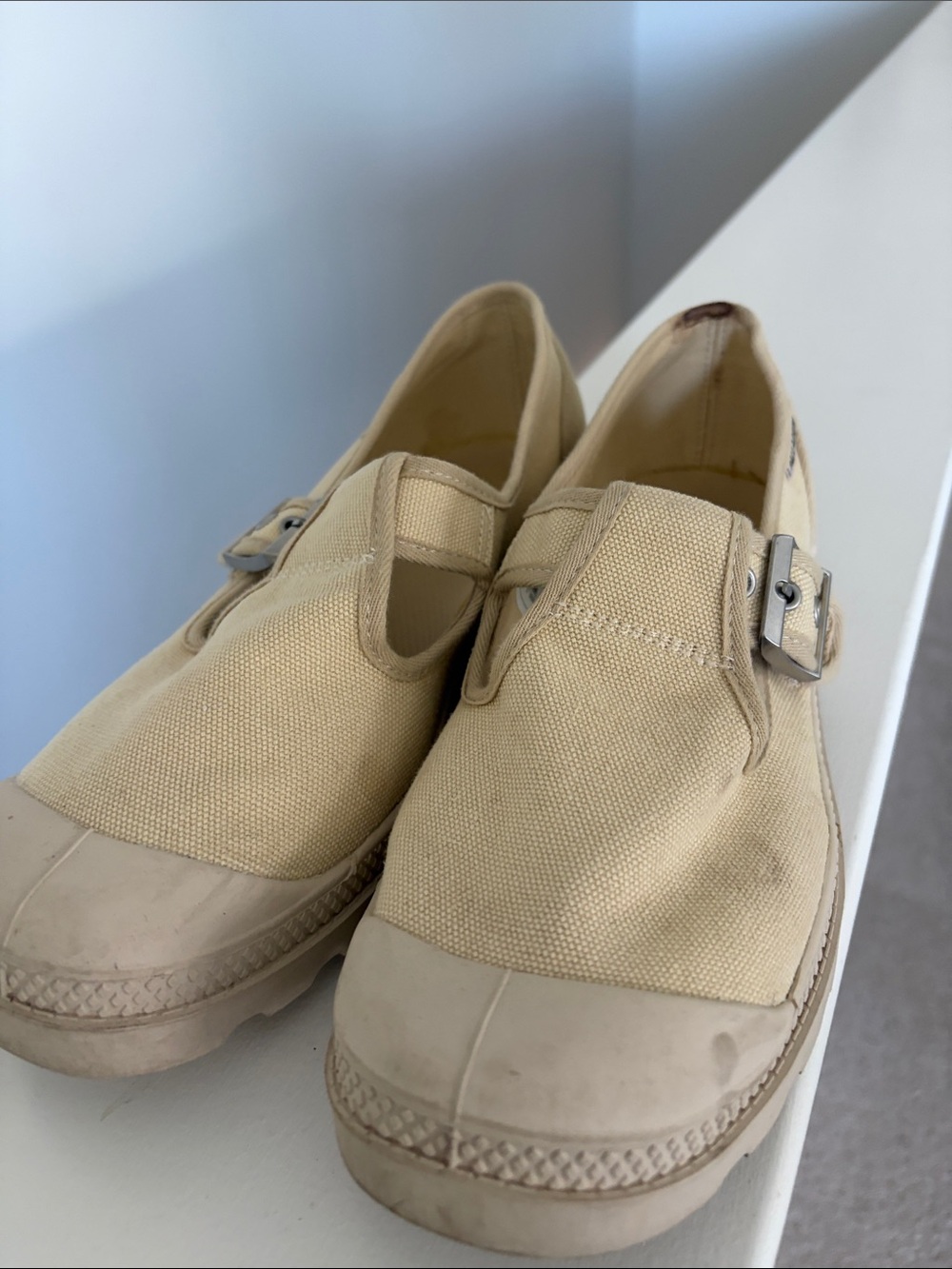 Palladium Women's Beige Canvas Slip-On Loafers with Buckle Accent